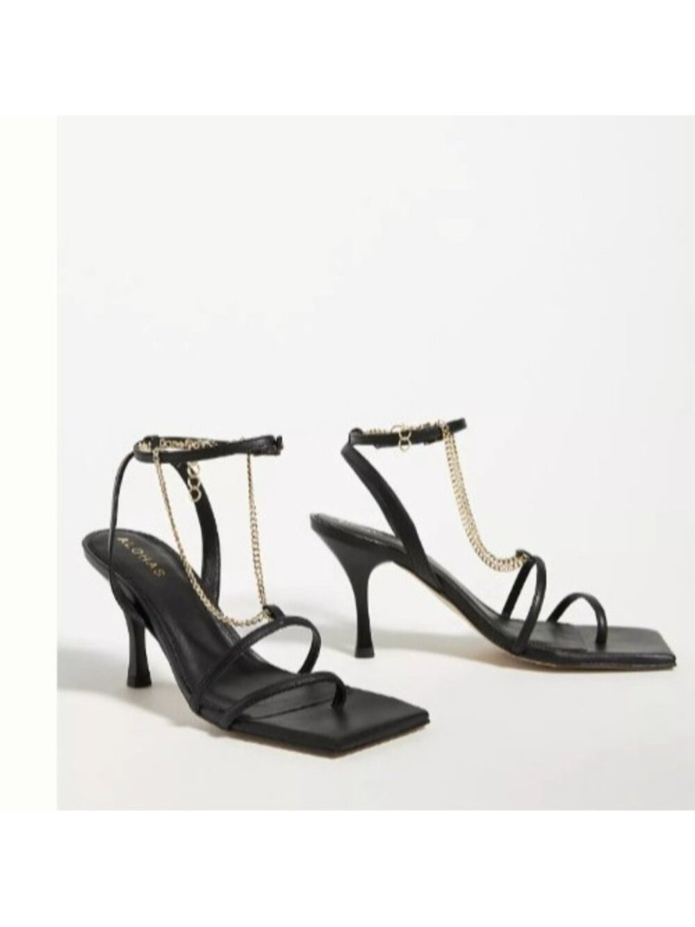 ALOHAS Black Leather Strappy Heeled Sandals Chain Detail EU 40 US 9 Square Toe